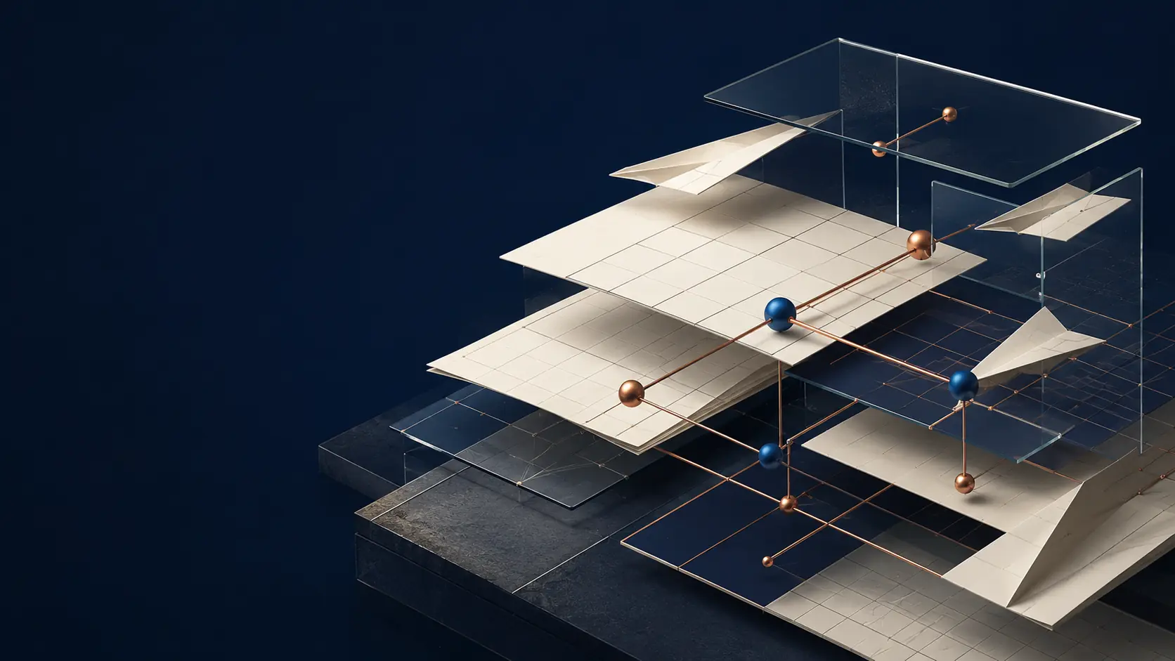 Layered financial model grids connected across a decision architecture